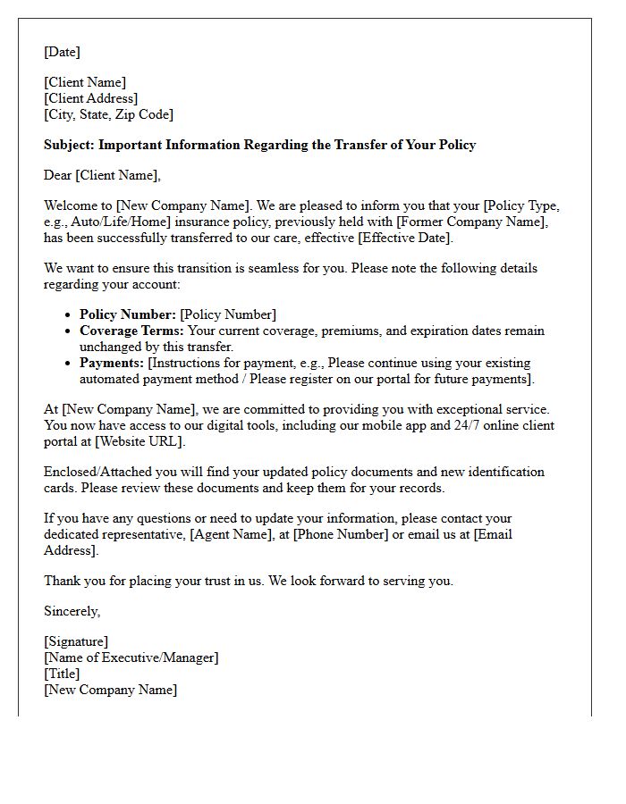 Welcome Letter for Transferred Policy Clients