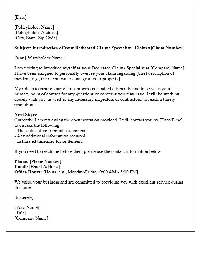 Dedicated Claims Specialist Introduction Letter