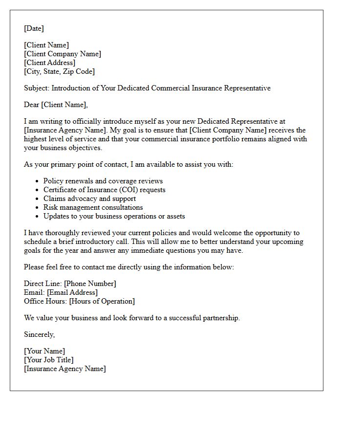 Commercial Insurance Dedicated Representative Introduction Letter