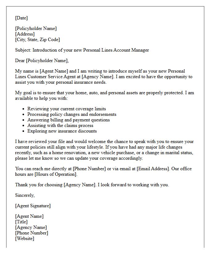 Personal Lines Customer Service Agent Introduction Letter