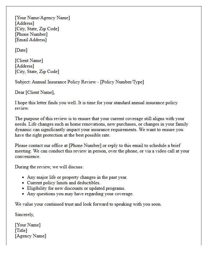 Standard Annual Insurance Policy Review Scheduling Letter