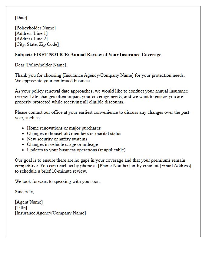 First Notice Annual Insurance Policy Review Letter