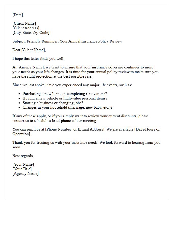 Friendly Reminder Annual Insurance Policy Review Letter