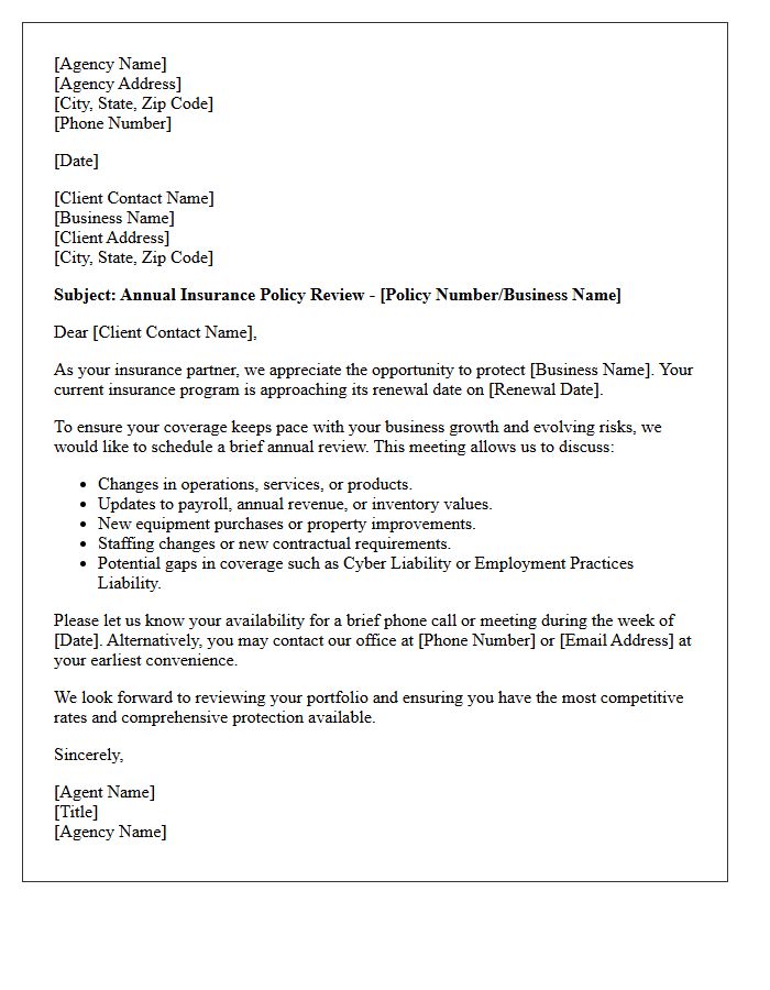 Commercial Client Annual Insurance Policy Review Letter