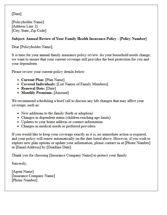 Family Coverage Annual Insurance Policy Review Letter