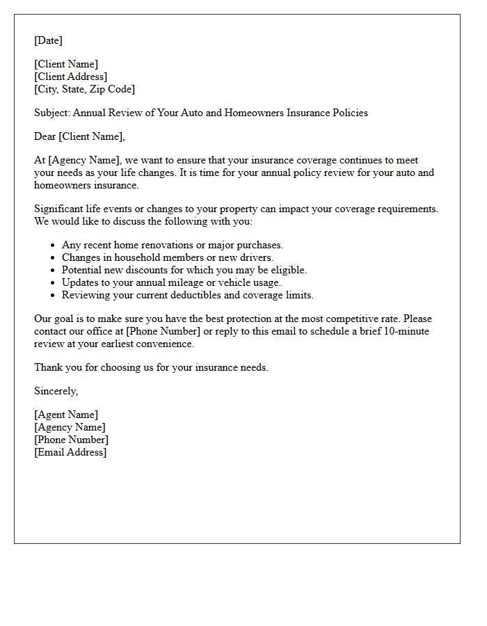 Auto And Homeowner Annual Insurance Policy Review Letter