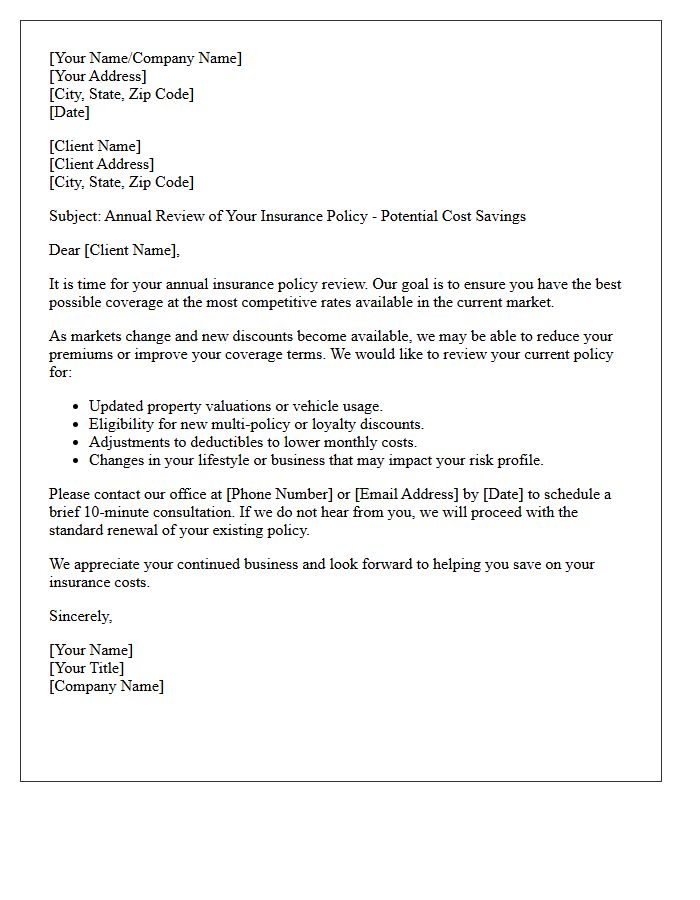 Cost Savings Annual Insurance Policy Review Letter