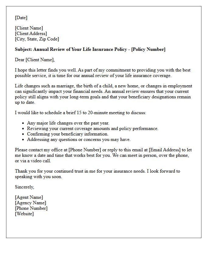Life Insurance Annual Policy Review Scheduling Letter
