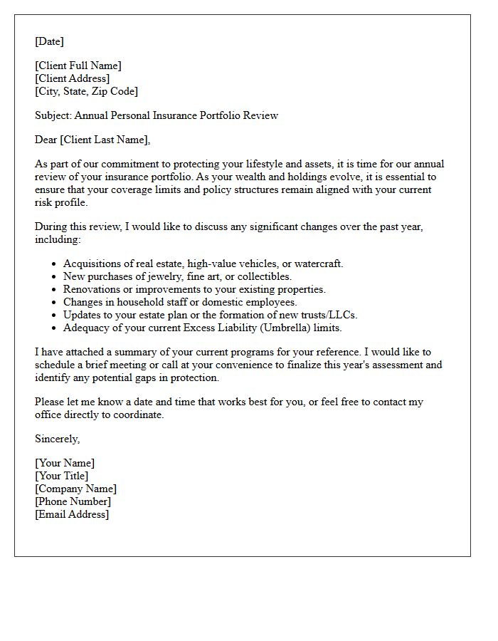 High Net Worth Client Annual Insurance Policy Review Letter