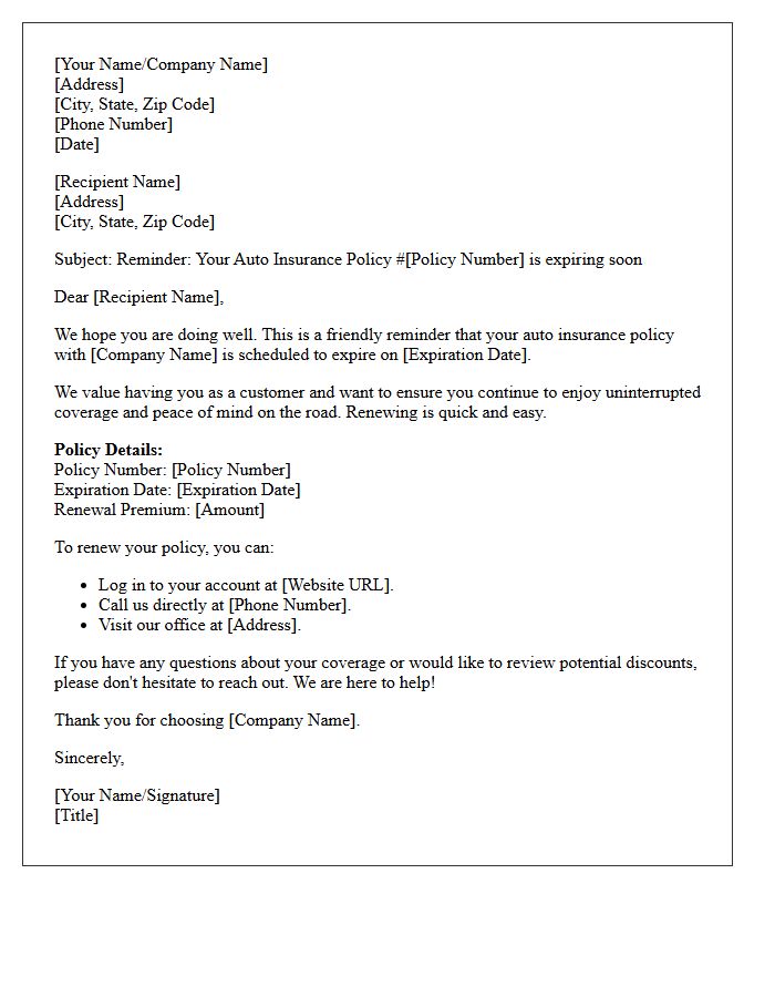 Friendly Auto Insurance Policy Renewal Reminder Letter