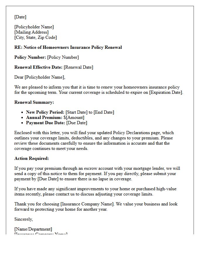 Homeowners Insurance Policy Renewal Notice Letter