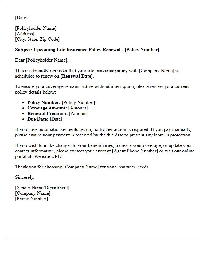 Upcoming Life Insurance Policy Renewal Reminder Letter