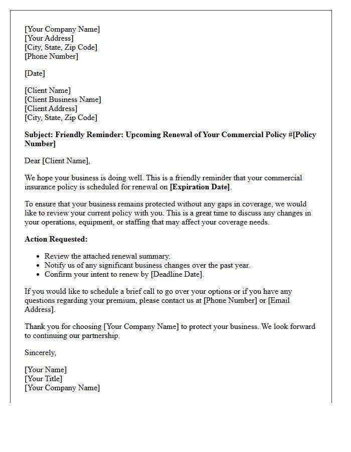 Commercial Business Policy Renewal Friendly Reminder Letter