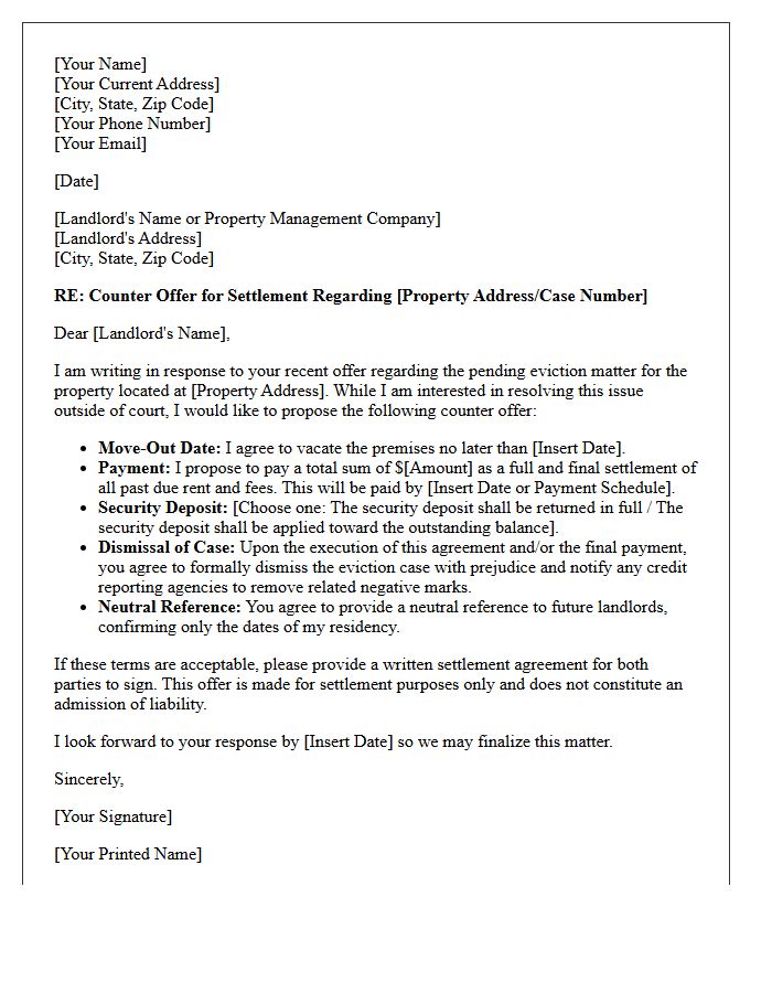 Tenant Counter Offer Eviction Settlement Letter