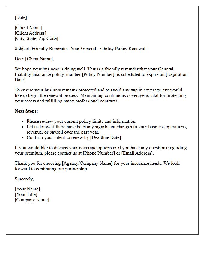 General Liability Policy Renewal Friendly Notice Letter