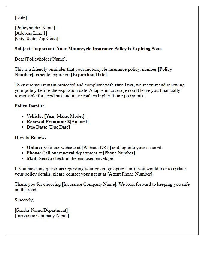 Motorcycle Insurance Policy Renewal Reminder Letter