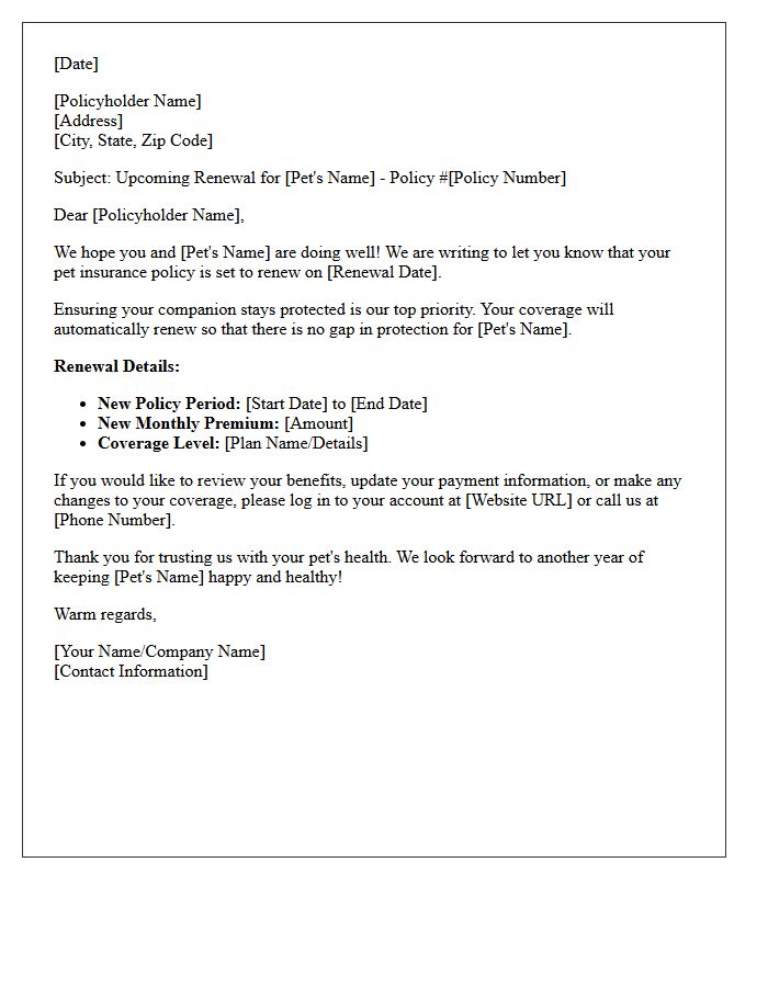 Pet Insurance Policy Friendly Renewal Reminder Letter