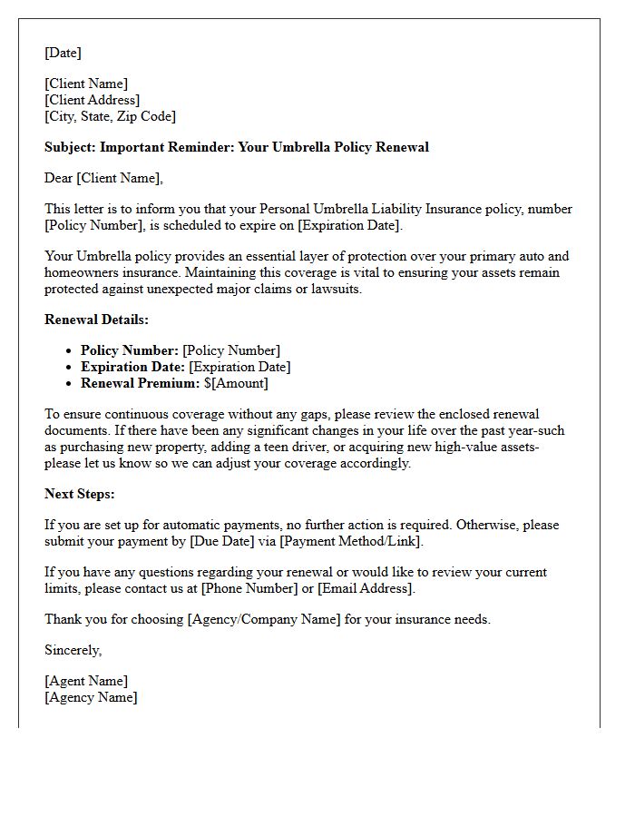 Umbrella Policy Renewal Upcoming Reminder Letter