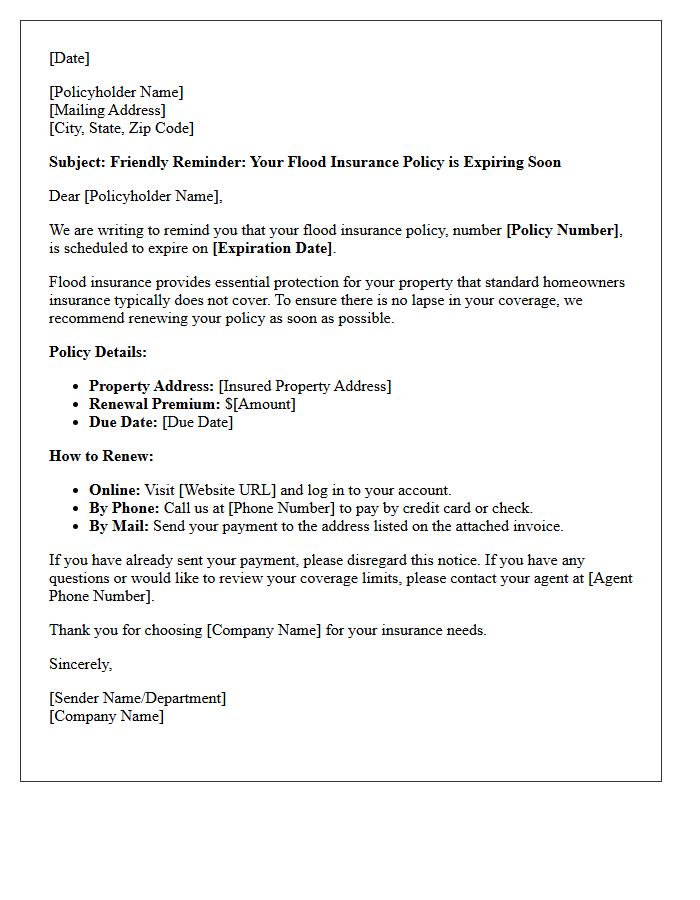 Flood Insurance Policy Friendly Renewal Reminder Letter