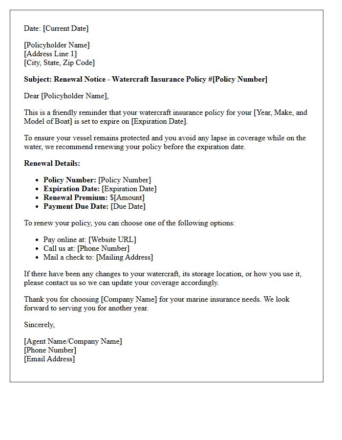 Watercraft Insurance Policy Renewal Reminder Letter