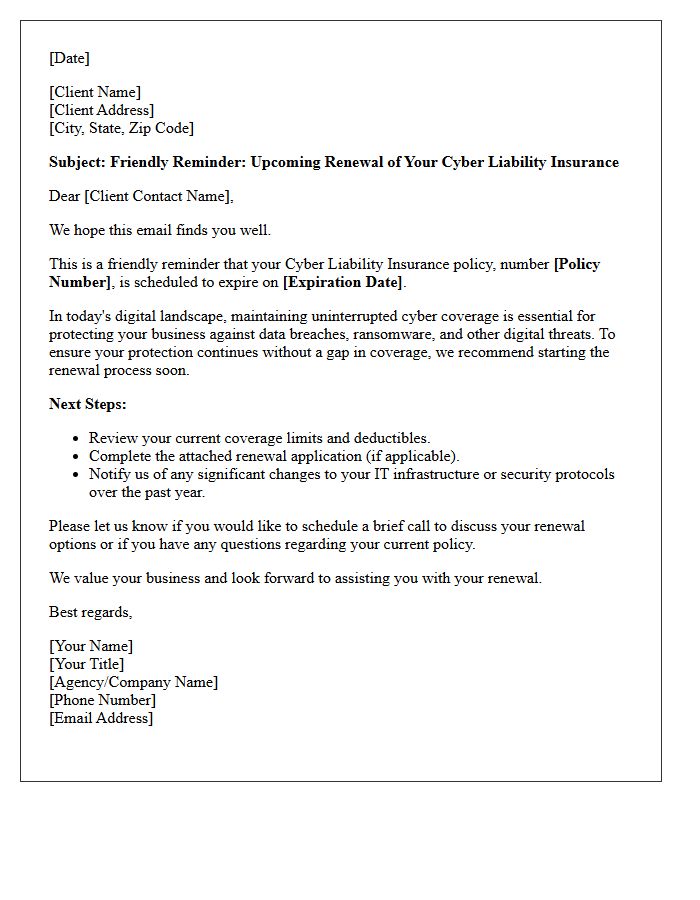 Cyber Liability Policy Renewal Friendly Reminder Letter