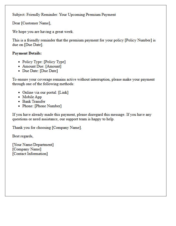 Friendly Reminder Upcoming Premium Payment Letter