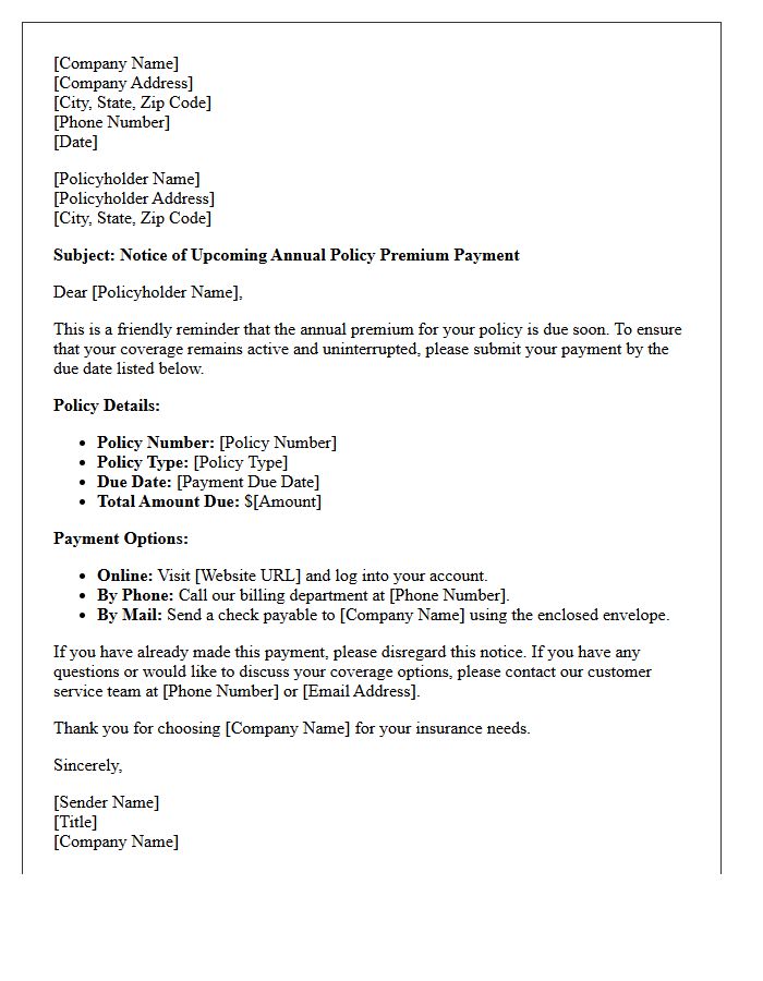 Annual Policy Upcoming Premium Payment Letter