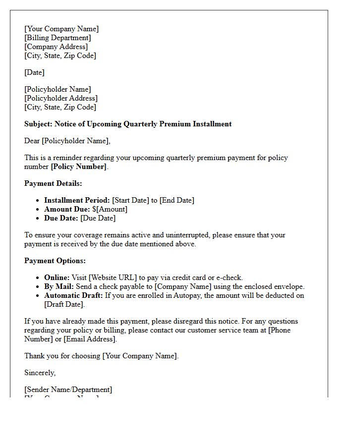 Quarterly Installment Upcoming Premium Payment Letter