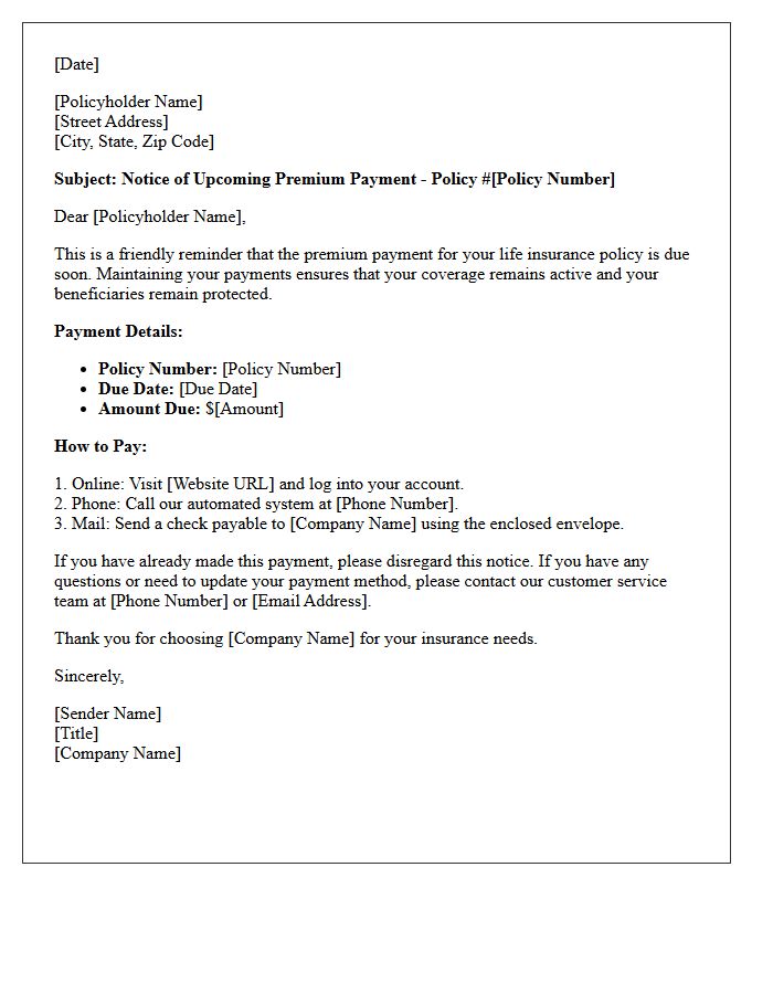 Life Insurance Upcoming Premium Payment Letter