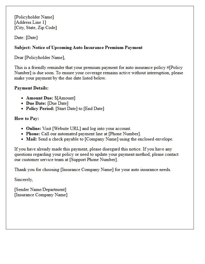 Auto Coverage Upcoming Premium Payment Letter