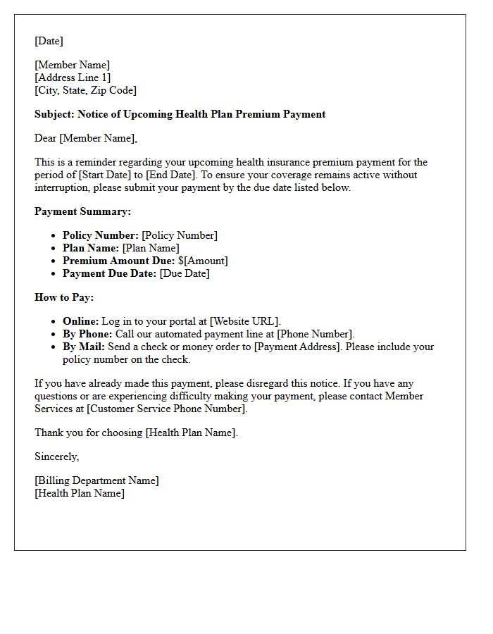 Health Plan Upcoming Premium Payment Letter