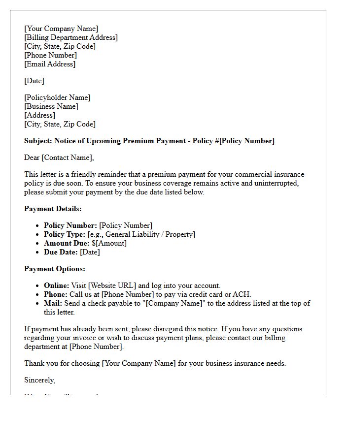 Commercial Business Upcoming Premium Payment Letter
