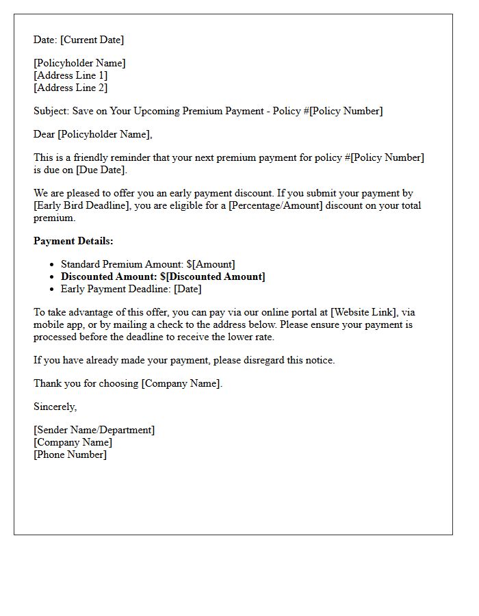 Early Discount Upcoming Premium Payment Letter
