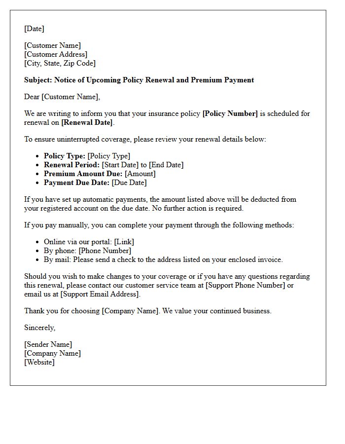 Policy Renewal Upcoming Premium Payment Letter