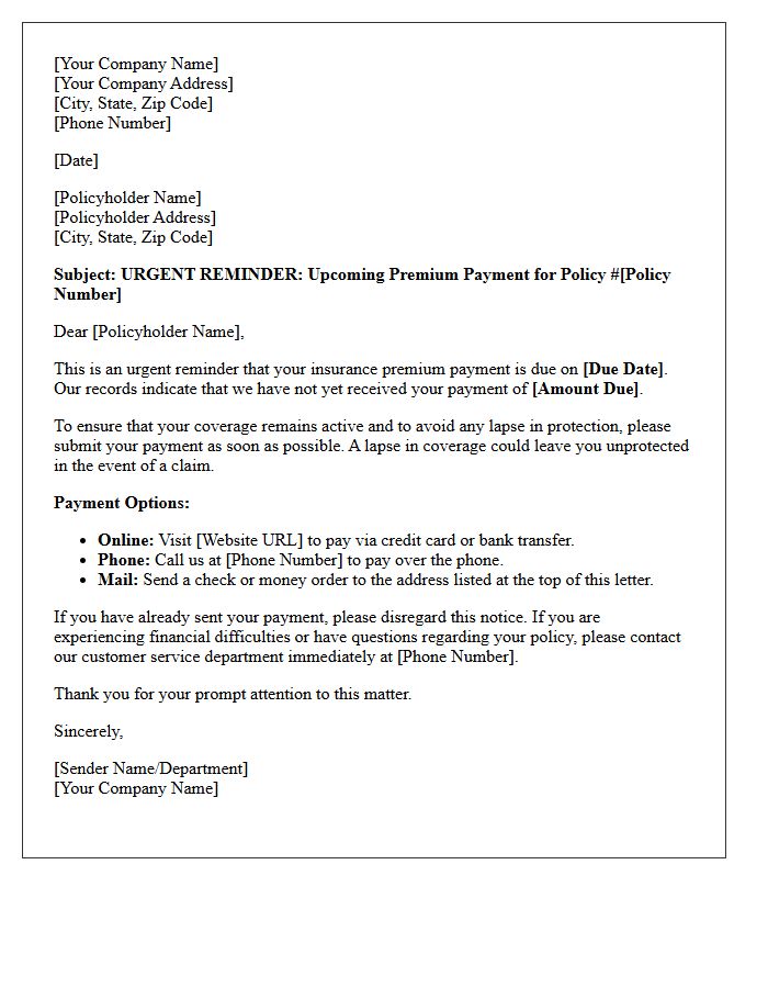 Urgent Reminder Upcoming Premium Payment Letter