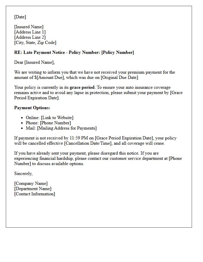 Initial Auto Insurance Late Payment Grace Period Notice Letter