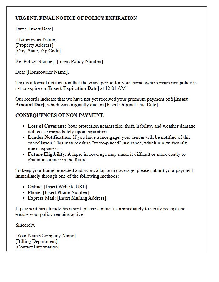 Final Grace Period Expiration Warning Letter for Homeowners Insurance