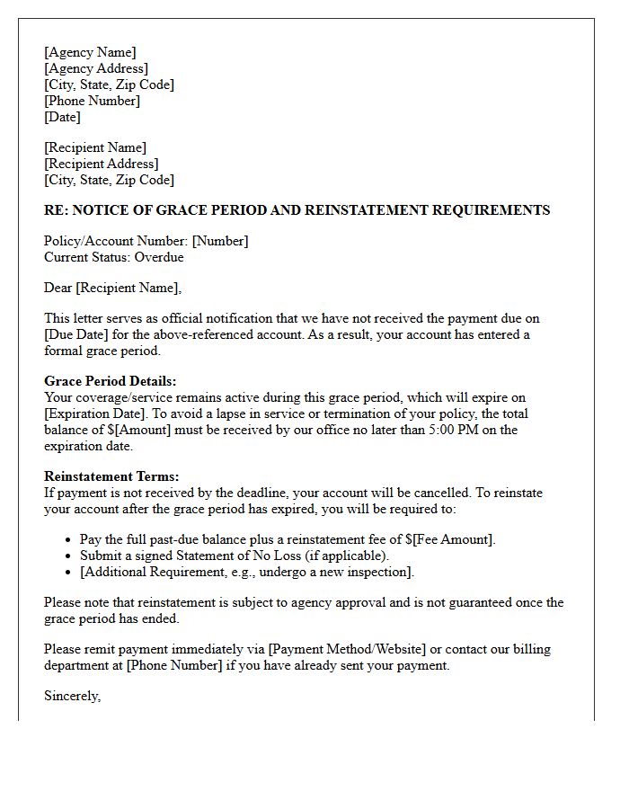 General Agency Grace Period Notice and Reinstatement Letter