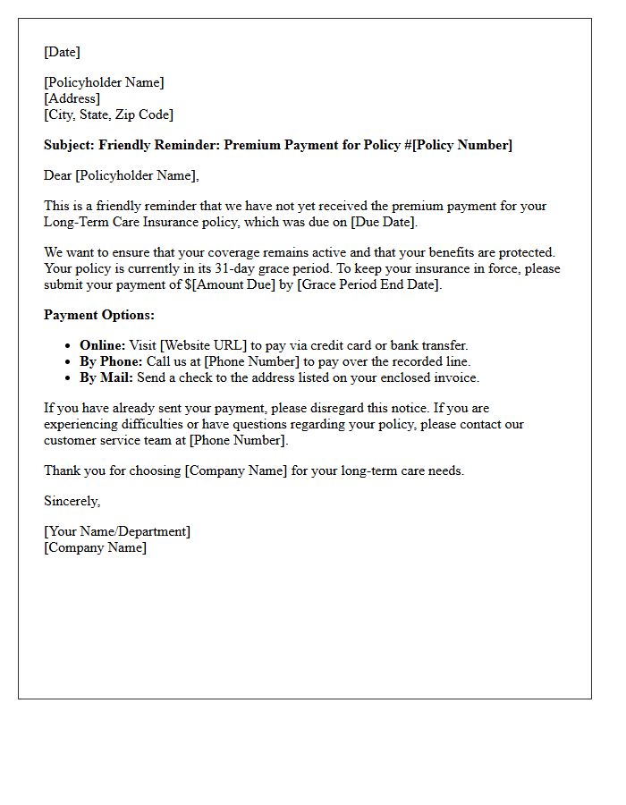 Friendly Reminder Grace Period Letter for Long Term Care Insurance