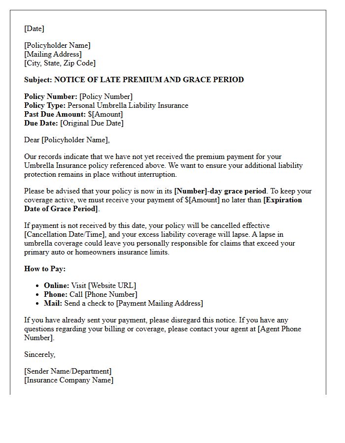 Umbrella Policy Late Premium Grace Period Notification Letter