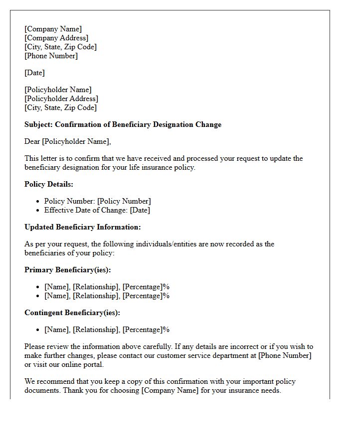 Life Insurance Beneficiary Update Confirmation Letter