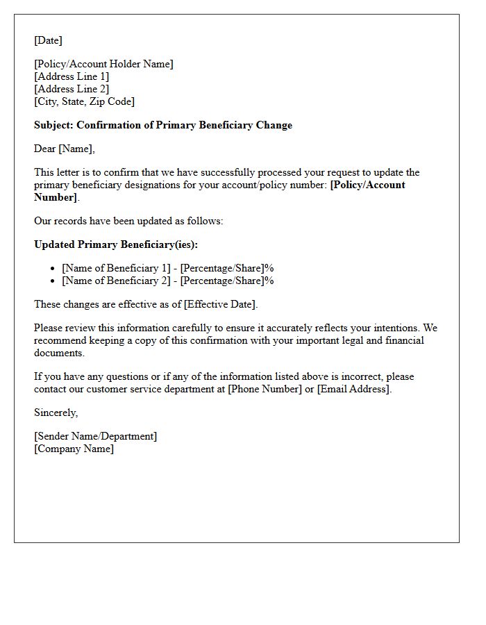Primary Beneficiary Change Confirmation Letter