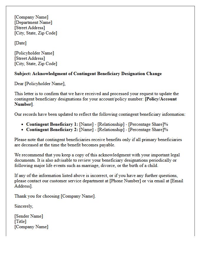 Contingent Beneficiary Update Acknowledgment Letter