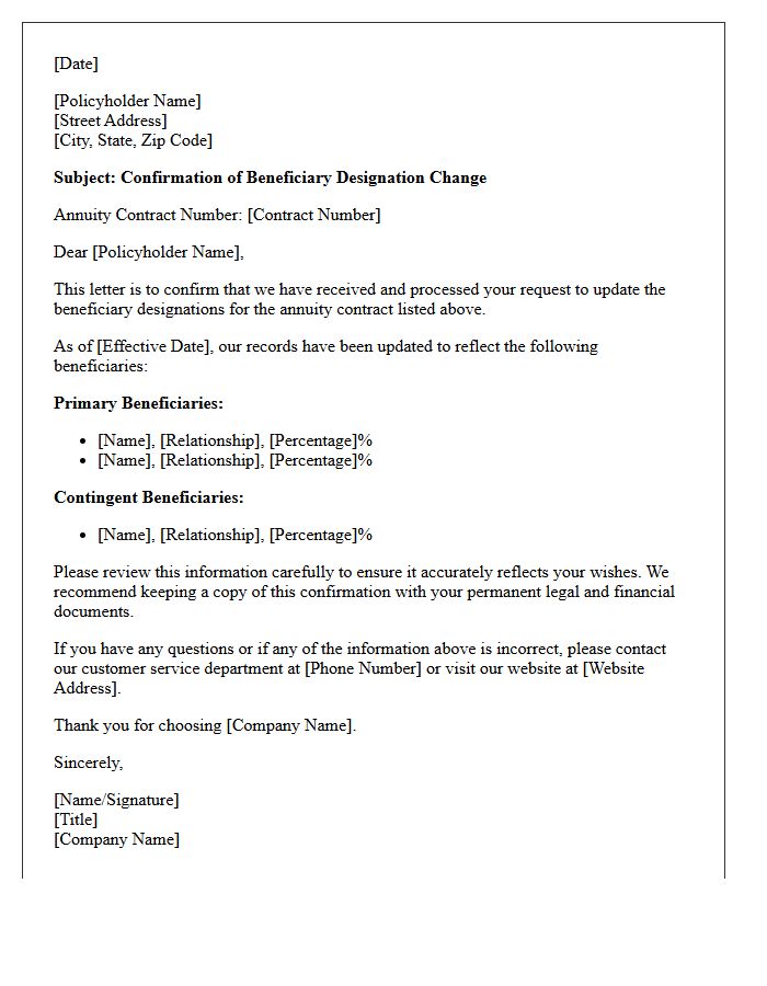 Annuity Beneficiary Update Confirmation Letter