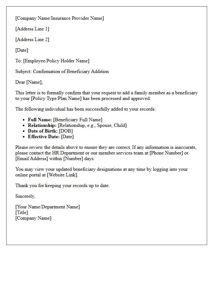 Family Beneficiary Addition Confirmation Letter