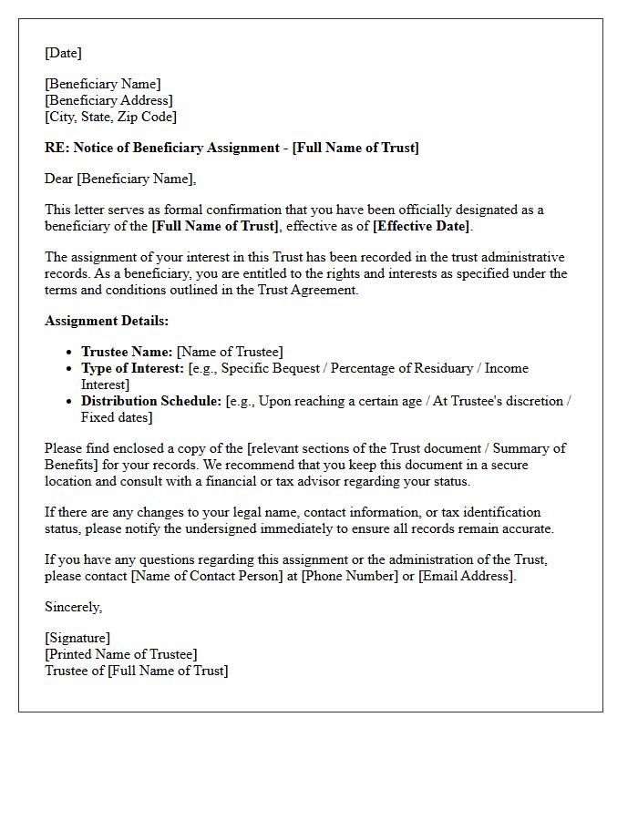 Trust Beneficiary Assignment Confirmation Letter