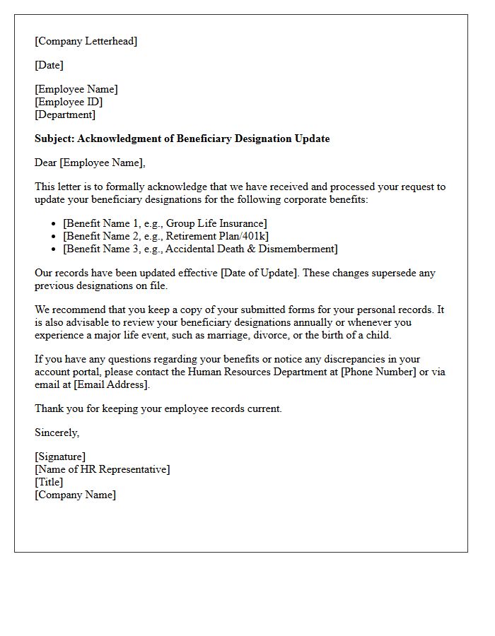 Corporate Beneficiary Update Acknowledgment Letter