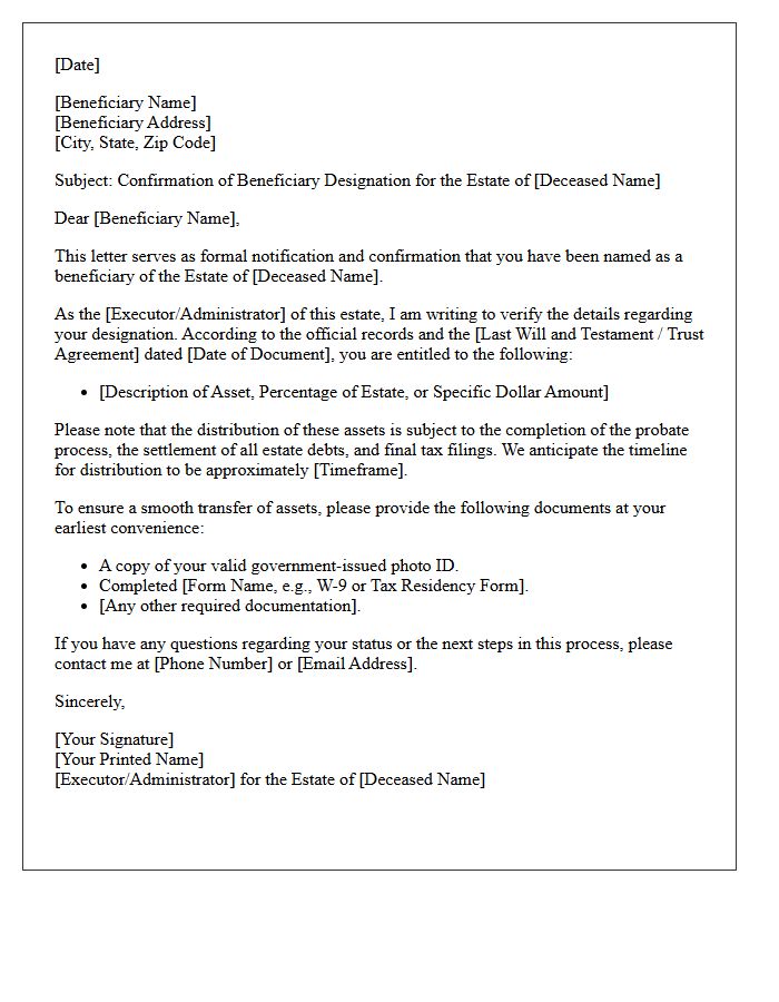 Estate Beneficiary Designation Confirmation Letter