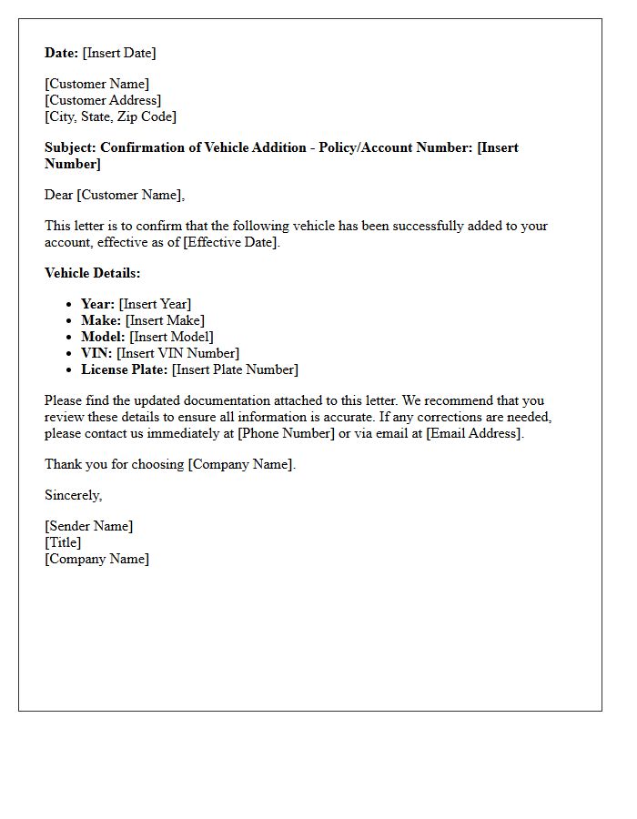 Vehicle Addition Confirmation Letter