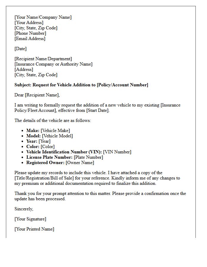 Request for Vehicle Addition Letter